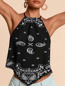 Top de tirantes tejido con estampado de vacaciones para mujer - Blanco y Negro - Ver 7