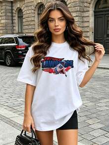 Camiseta de manga corta con cuello redondo suave y casual para mujer, el estampado gráfico de motocross de Jett Lawrence es ideal para conjuntos de primavera y verano. Negro. - Blanco - Ver 2