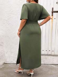 Vestido maxi de verano para mujer talla grande, de manga corta con volantes y cuello en V de un solo color - Verde militar - Ver 2