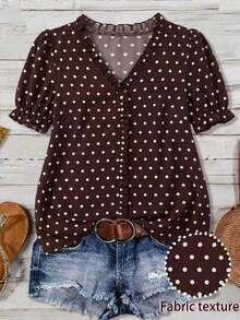 Blusa casual con cuello en V, volantes y mangas de pétalos acanalados para tallas grandes - Marrón - Ver 1