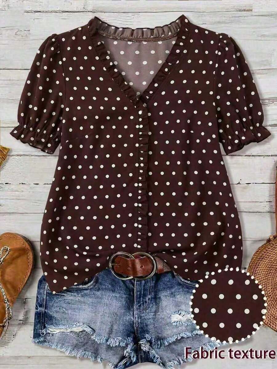 Blusa casual con cuello en V, volantes y mangas de pétalos acanalados para tallas grandes - Marrón - Ver 1