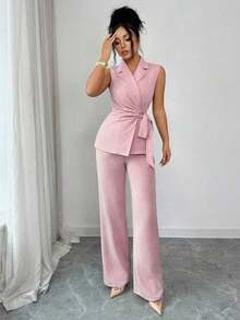 Conjunto elegante y romántico de blazer y corbata de moño para vacaciones y oficina para mujeres - Rosa - Ver 3