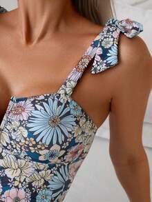 Swim Basics 1 pieza Traje de baño de una sola pieza con estampado sólido y floral y tirantes de espagueti anudados para mujer - Multicolor 3 - Ver 5
