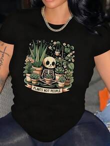 Camiseta de Mujer con Estampado de Esqueleto y Frases de "Las Plantas No Son Personas", Corte Regular, Estampado Botánico, Camiseta Cómoda para Amantes de las Plantas, Top Casual de Moda con Cuello Redondo, Color Negro - Alta Calidad - Negro - Ver 3