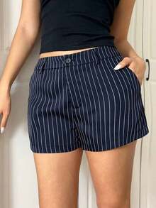 Shorts de mujer de talle bajo con rayas tejidas - Azul marino - Ver 3