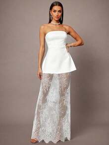 Set de 2 piezas con top corto tipo bustier negro y minifalda con dobladillo de encaje, adecuado para citas, graduaciones, conciertos, vestidos de dama de honor, bodas, ocasiones románticas, estilo minimalista, conjunto elegante para uso diario - Blanco - Ver 4