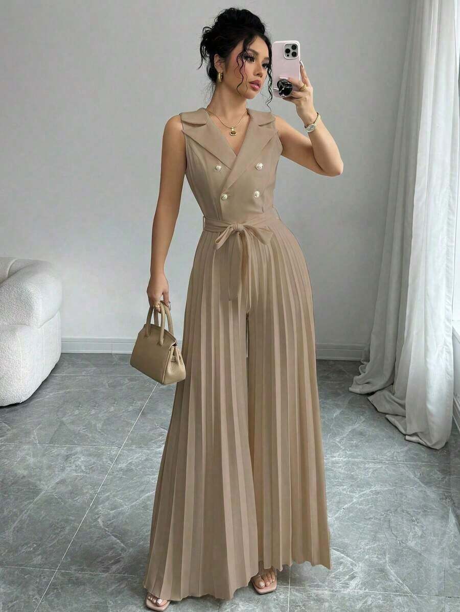 Mono elegante de mujer con diseño de doble botonadura y plisado en color albaricoque, para primavera y otoño - Caqui - Ver 1