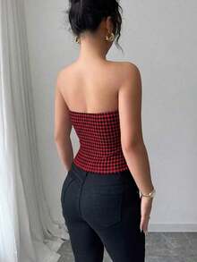 Top corto sin mangas con botones delanteros y estampado de pata de gallo, para uso en oficina o viajes, de moda para el verano - Rojo - Ver 2