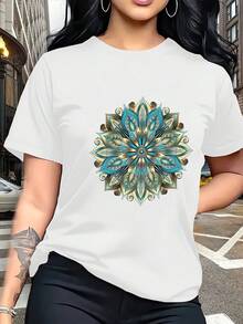 Limited Time Offer, Limited Quantities, Flash ! Women's Casual Shirts, Women's Polyester T-Shirts, Stylish Shirts. This Casual Style T-Shirt Features A Gradient Print Of Lapis Lazuli, Lotus, And Mandala, And Is Perfect For Those Seeking Individuality And A Natural Aesthetic. It Can Be Worn Alone For Everyday Outings, Or Layered Under A Jacket To Add Depth. - 白色 - 查看 12