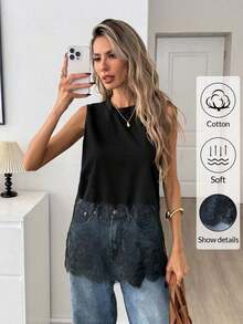 Top de mujer sin mangas de cuello redondo con dobladillo de encaje, primavera/verano - Negro - Ver 5