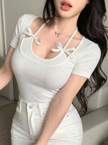 Camiseta de manga corta ajustada casual y sexy con decoración de lazo halter para mujer - Blanco - Ver 1