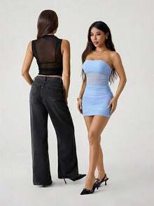 Vestido mini tubo negro sexy ajustado con pliegues y malla de unicolor para mujer - Celeste - Ver 5