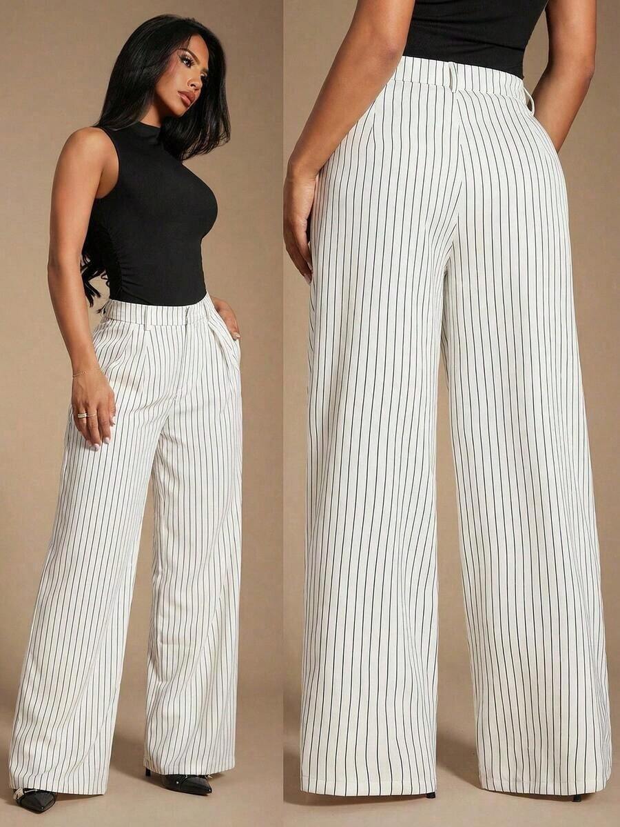 Pantalones de traje azul marino a rayas de estilo minimalista y moderno para mujer, pantalones de cintura alta, pantalones azules, pantalones a rayas, pantalones anchos de pierna ancha, pantalones casuales, pantalones de negocios, adecuados para s - Blanco - Ver 1