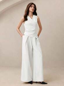 Nuevo conjunto de chaleco plisado en la cintura y pantalones de pierna ancha para mujer, primavera/verano.Elegante atuendo urbano para ir al trabajo. - Blanco - Ver 4