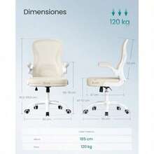 SONGMICS Silla de Escritorio Giratoria, Silla de Malla de Oficina, con Soporte Lumbar, Reposabrazos Abatibles, Beige y Blanco MOBN042LH02 - Beige  Blanco - Ver 4