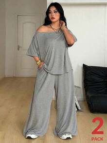 Conjunto de dos piezas de camiseta hombros descubiertos y pantalón ancho de chándal para mujer talla grande, minimalista, ropa de calle, uso diario, salir, deporte, cómodo - Gris - Ver 5