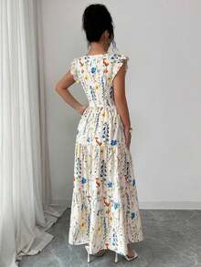 Women's Dress With A Square Neckline, Fitted Waist, And Flared Sleeves In A Multicolored Print. Elegant And Sophisticated, Suitable For Valentine's Day, Easter, Labor Day, Birthdays, Dates, Parties, Formal Occasions, Teacher Outfits, High-Vibe Looks, Travel And Vacations, Streetwear, Spring And Summer. - 灰色 - 查看 2