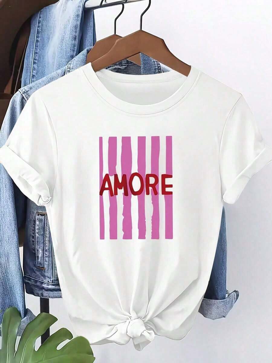 Women's White Cotton Short-Sleeved Crew Neck T-Shirt With Pink Stripes And "Amore" Graphic Print. Regular Fit, Slightly Stretchy Fabric Top. - 白色 - 查看 1