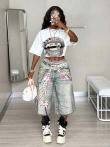 Women's Graphic Tee, Vintage Y2K Style, Casual Hip-Hop Style, Going Out, Oversized, Lip Print, For Everyday Urban Autumn Wear. - 白色 3 - 查看 2