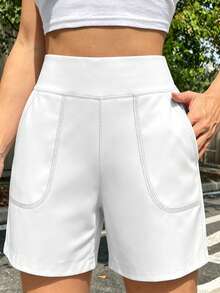 Plus Size Women's Casual Elastic Waist Solid Color High Waist Shorts, Comfortable Soft Fabric Shorts For Summer Vacation Sports - White - View 5