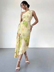 Vestido de mujer nuevo con estampado de teñido anudado asimétrico, cintura hueca, volantes en el bajo y un solo hombro, vestido elegante y romántico para citas y vacaciones, vestido de verano para mujer, tono de color suave, adecuado para atuendo de playa - amarillo ganso - Ver 6