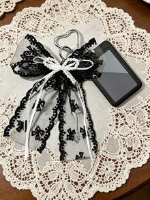 Black Lace Bow Heart-Shaped Clasp Pendant With Pearl Decor, Suitable For Bag Charm, Keychain, Can Hold ID Card, Star Card, Transit Card, Photo, Residence Permit, Etc. - Multicolor - View 2