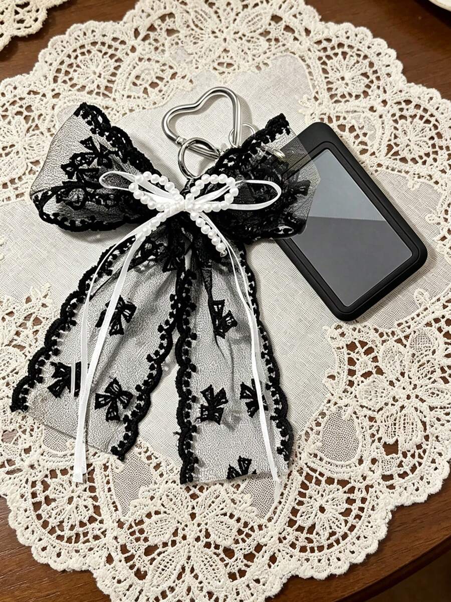 Black Lace Bow Heart-Shaped Clasp Pendant With Pearl Decor, Suitable For Bag Charm, Keychain, Can Hold ID Card, Star Card, Transit Card, Photo, Residence Permit, Etc.