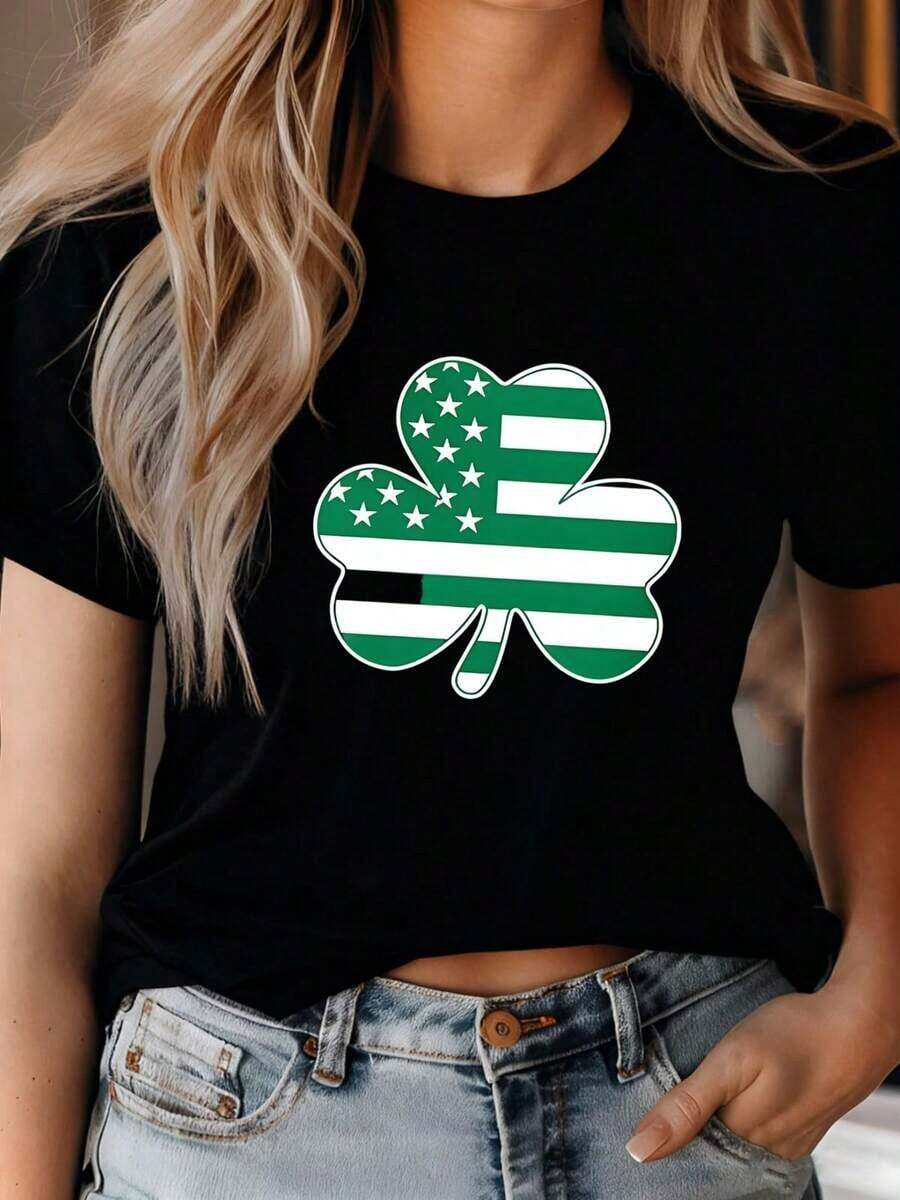 Camisetas Casuales para el Día de San Patricio para Mujer, Camisetas con Trébol Irlandés de la Suerte, Camisetas Shamrock. Moda del Día de San Patricio - Negro - Ver 1
