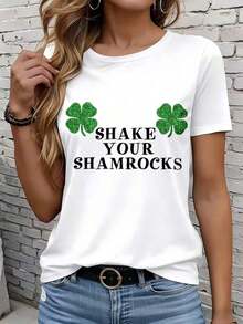 Camiseta Casual Estilo Casual para Mujer con Texto "Shake Your Shamrocks" y Diseño de Trébol Verde para la Celebración del Día de San Patricio, Regalo Perfecto para Amigos y Familiares, 220g, 100% Algodón, Resistente - Blanco - Ver 6