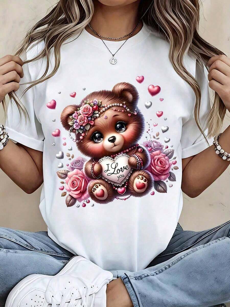 Camiseta con Estampado de Oso y Corazón, Diseño Floral Negro con Oso Sosteniendo un Corazón con la Frase "I Love You", Regalo Romántico para el Día de San Valentín para Mujeres, Ropa Ca - Blanco - Ver 1