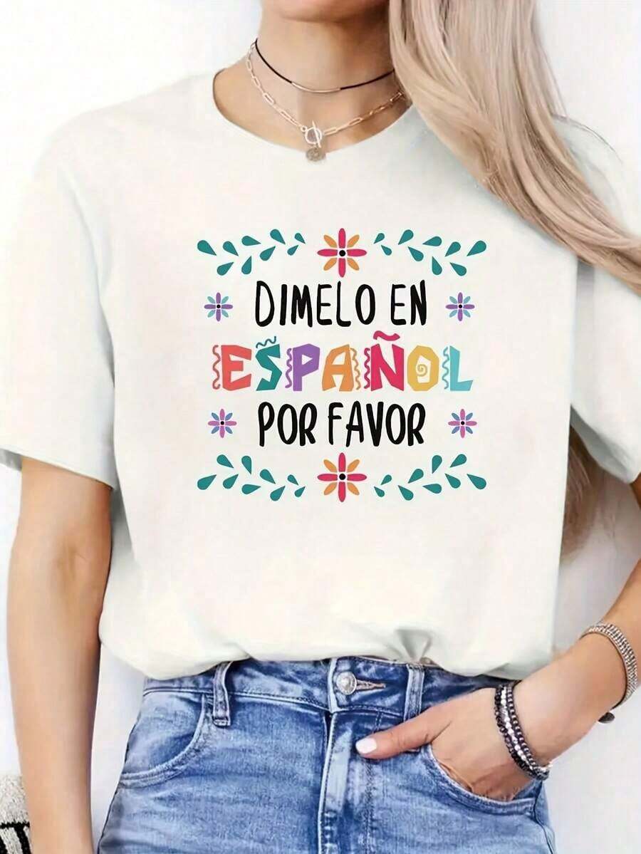 Women's Casual Short Sleeve T-Shirt With Colorful Floral And Spanish Letter Print - Lightweight And Breathable Round Neck Top For Spring Summer, Machine Washable, Regular Fit, Summer Clothes, Vibrant Design, Elegant Style - 白色 - 查看 1