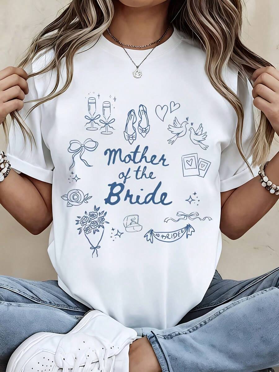 1 camiseta de manga corta a la moda para la madre de la novia, con un diseño estampado de temática nupcial, perfecta para ocasiones románticas. Esta camiseta casual de cuello redondo para mujer es transpirable, ligera y cómoda, ideal para usar en primavera y verano. 180g 100% Algodón. - Blanco - Ver 1