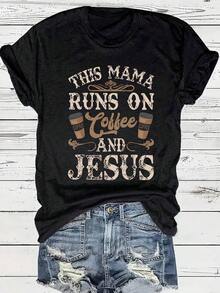 1 Piece Of Women's Short-Sleeved Summer T-Shirt With Coffee-Colored Letter Print, Fitted Design With Round Neck, 180g, 100% Cotton. - 黑色 - 查看 2