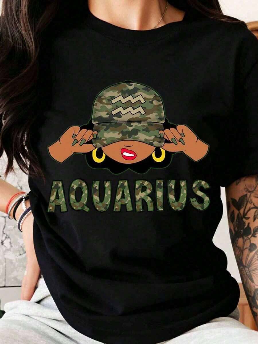 Women's T-Shirt With Aquarius Zodiac Sign Camouflage Print, Cute Astrological Graphic T-Shirt, Fashionable T-Shirt, Birthday Gift Idea - 黑色 - 查看 1