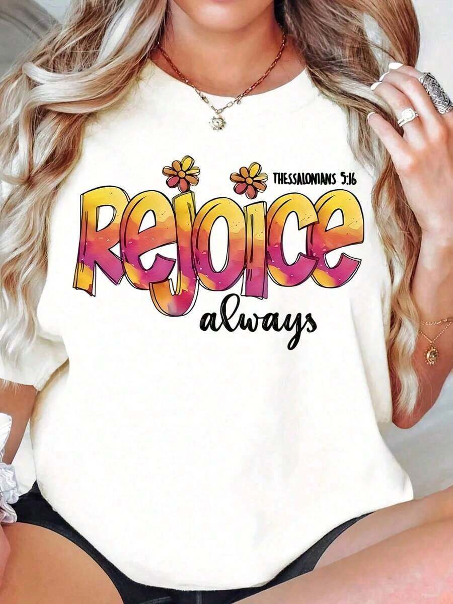 Alegrarse Siempre (1 Temisontes 5:16) - Camiseta Cristiana para Mujer, Camiseta Gráfica con Versículo Bíblico, Top Casual de Verano, Ropa Inspirada en la Fe para Mujer, Camiseta de Mujer - Blanco - Ver 1