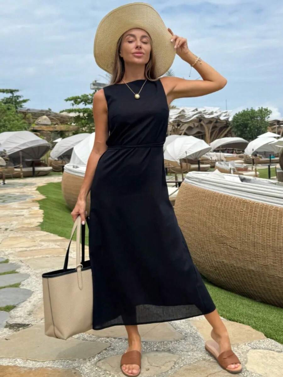 Vestido sin mangas liso estilo vacacional francés, cintura ajustada con lazada verano 2026 - Negro - Ver 1