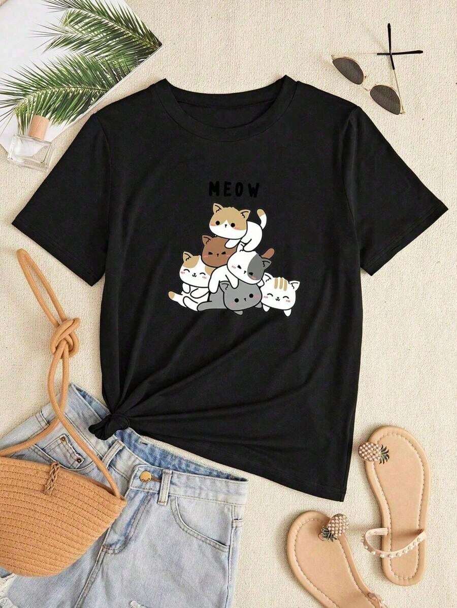 Camiseta con estampado de gato de dibujos animados y letraPure-Cotton - Negro - Ver 1