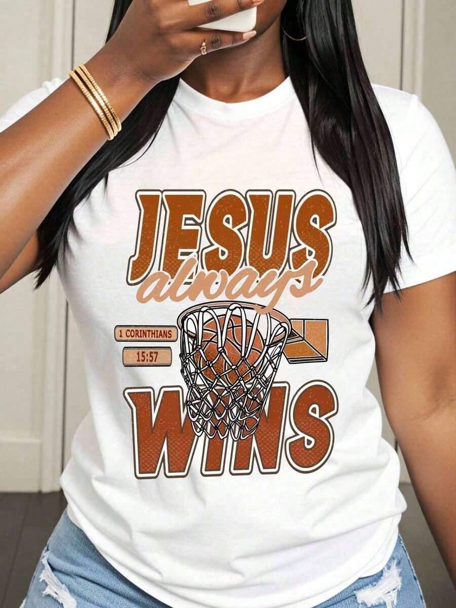 Camiseta de Baloncesto 'Jesús Siempre Gana' con Versículo Bíblico 1 Corintios 15:57, Diseño Inspirado en Fe Cristiana y Deportes para Mujeres, Hombres y Adolescentes, Ropa Casual, Regalo para Eventos de Iglesia y Festividades Religiosas - Blanco - Ver 1