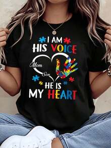 Soy su voz, él es mi corazón. Camiseta de concientización sobre el autismo para madre de hijo autista. Regalo de apoyo y cariño para el mes de concientización sobre el autismo. Ropa para padres de niños con necesidades especiales, camiseta de algodón. - Negro - Ver 8