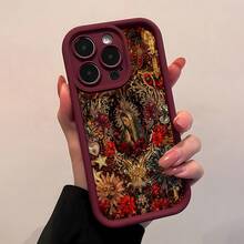 La funda para teléfono con diseño de collage de la Virgen María en rojo oscuro y dorado es compatible con Samsung, Apple, VIVO, OPPO, , Transsion, ,  y Honor. Fabricada en silicona TPU, ofrece protección contra golpes y caídas. - Burdeos - Ver 1