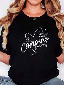 Women's Blouses - Women's Casual Oversized Crew Neck T-Shirt, Short Sleeve, Geometric Pattern, Spring/Summer Open T-Shirt With White Text "Camping Crew", RV, Tree, Moon, Star Print, Comfortable Leisure Wear, Campingeurmuse T-Shirts - 黑色 - 查看 10