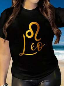 Women's Casual Short-Sleeved Crew Neck T-Shirt With A Fun Print, Featuring The Leo Zodiac Sign, Gold Print,  Astrological Top, Perfect For Summer Beachwear, Suitable For Christmas Parties, Sports Activities, Holiday Parties, Outings, And Other Holiday Gifts. Fashionable. - 黑色 - 查看 7