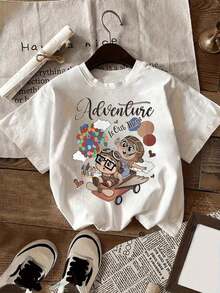 Women's Casual Short Sleeve Pilot Cartoon Print T-Shirt - 'Adventure Is Out There' Design, Crew Neck, Comfortable Fit, White, All-Season Casual Wear | Fun Graphic Tee | Comfortable Fit Graphic Tees, Men's Western Wear, Men's Shirts, Graphic Tees, Women's Clothing, Summer Tops, Summer Clothes, Graphic Tees - 白色 - 查看 7