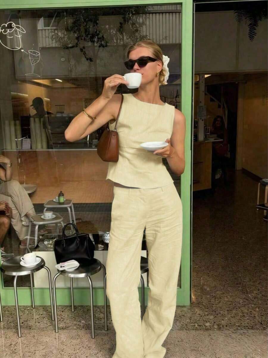 Conjunto de 2 piezas de verano para mujer, top sin mangas de color azul claro combinado con pantalones de pierna ancha, diseño minimalista de unicolor, adecuado para uso casual y salidas, pantalones con diseño de botón oculto y cremallera trasera, tela ligera y transparente elegante - Amarillo - Ver 1