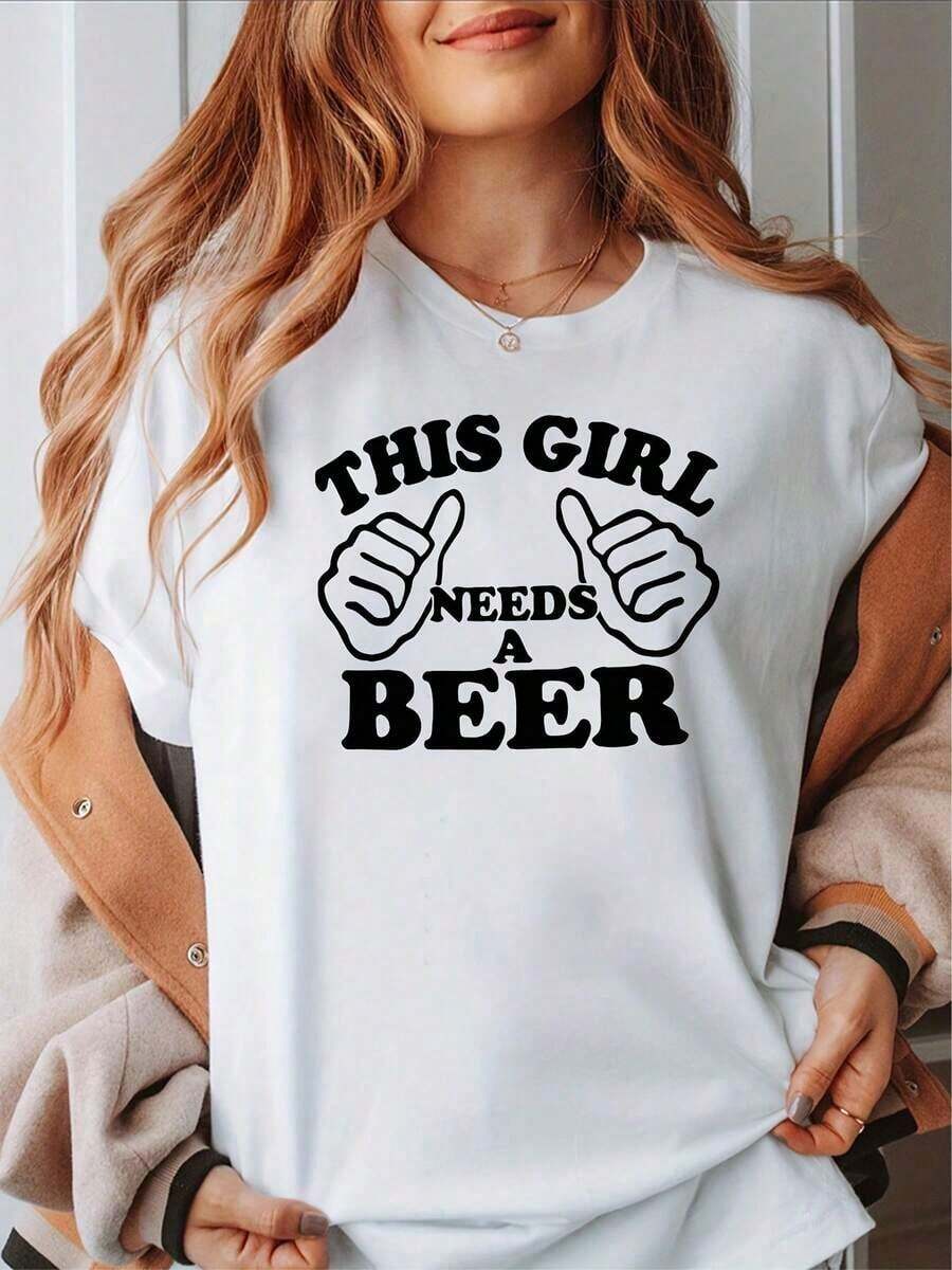 1 Piece Of Women's Oversized Graphic Tee, With A Fun Print "This Girl Needs A Beer", Casual Loose Fit, Short Sleeve, Round Neck, Cotton Blend, Long Tunic Style With Dropped Shoulders, Ideal For Parties, Bar Nights And Casual Outfits, 180g 100% Cotton. - 白色 - 查看 1