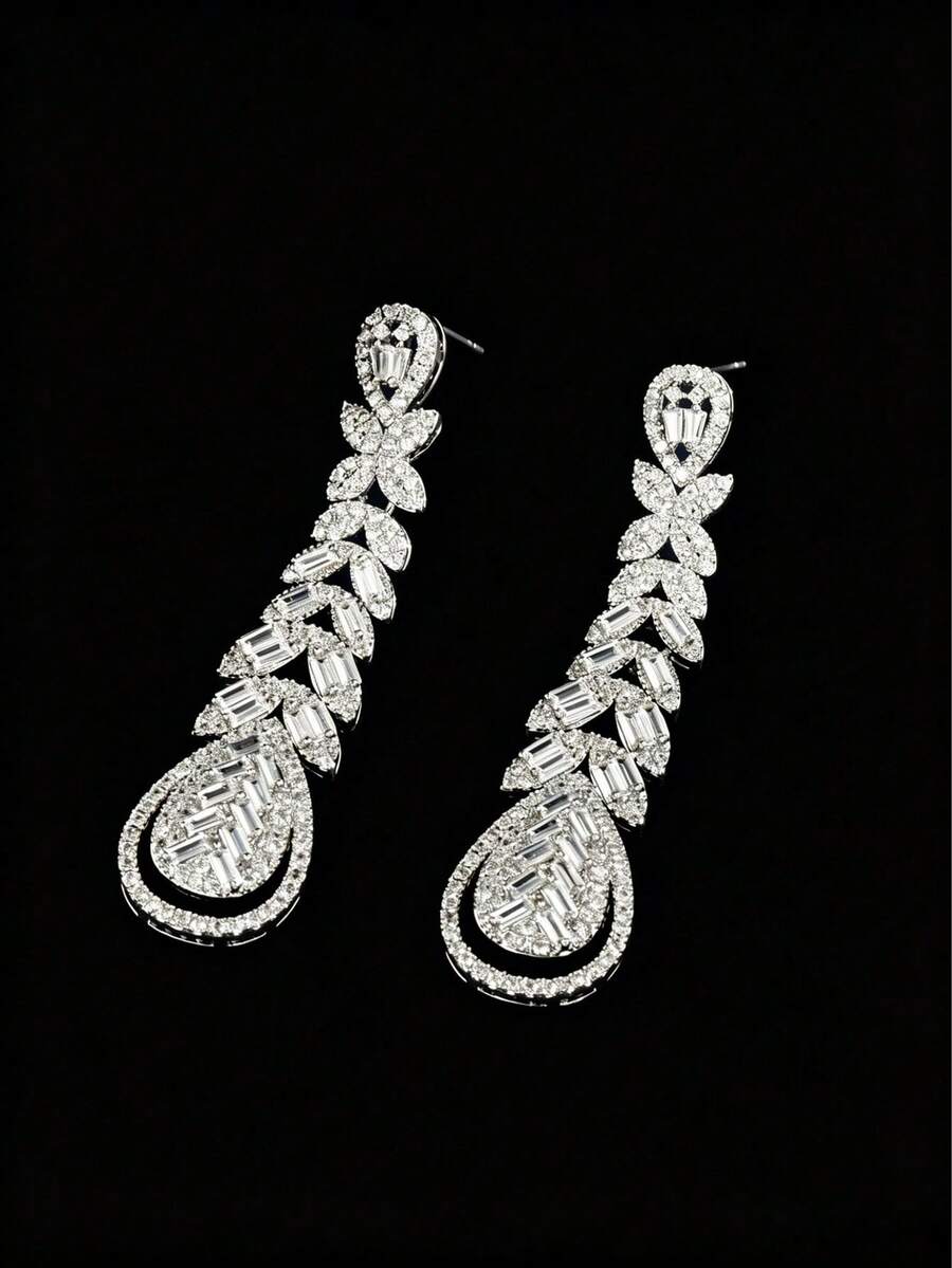 1 paire de boucles d'oreilles à tige avec décoration de goutte d'eau en cubic zirconia cubique, convient pour le port quotidien des femmes - Argent - Voir 1