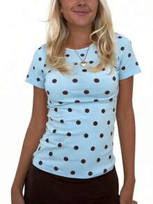 Polka Dot Tops For Women Y2K Long Short Sleeve Tee Crop Top Vintage Cute Slim Fit Crew Neck Shirt Going Out Streetwear - 短袖-藍色 - 查看 4