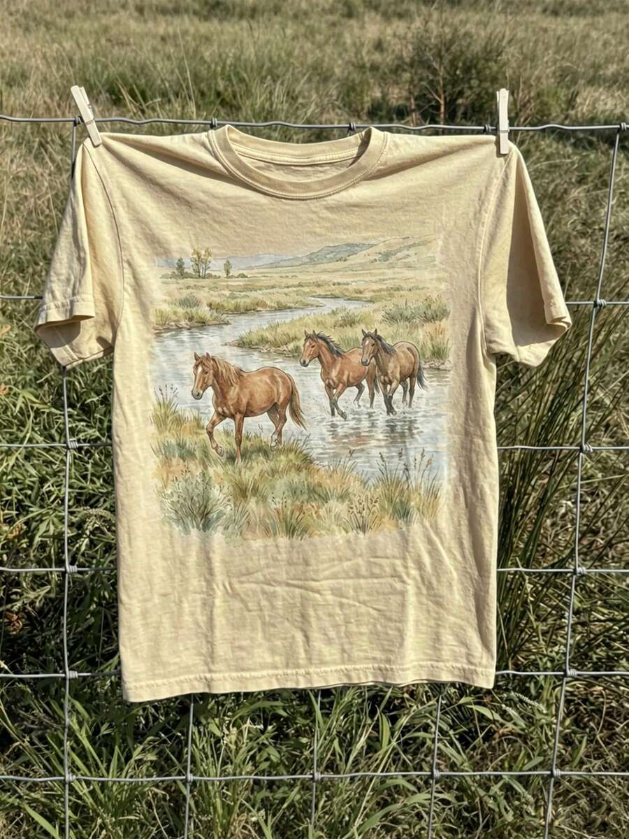 Camiseta de mujer con estampado retro de mustang salvaje de la pradera, paisaje de animales salvajes, adecuada para uso casual al aire libre - Caqui - Ver 1
