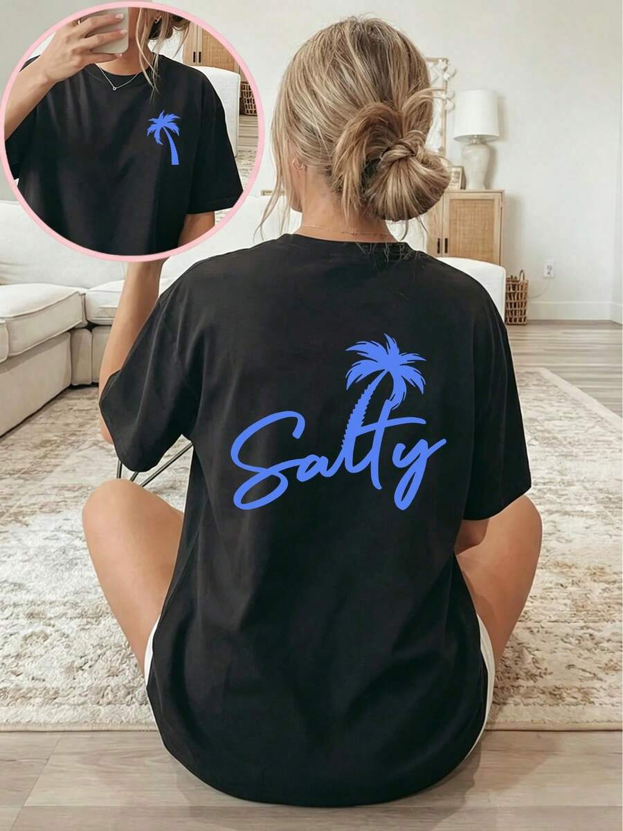Women's Double-Sided T-Shirt With A Fun Print, Premium Quality, Soft And Stretchy, Round Neck, Casual Style, Suitable For Spring, Summer, Autumn And Winter, Machine Washable, Casual Style (Sizes S-XXL), Women's T-Shirt, Seasonal Fashion Item, Classic Round Neck Design, Non-See-Through Material, Breathable Fabric, Everyday Casual Top For Women, . - 黑色 - 查看 1