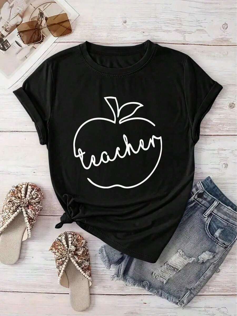 Unique T-Shirt With Apple Design And "Teacher" Text, Y2K Style, Perfect For Educators And Fashion Lovers In Mexico. Ideal For Any Occasion, Complement Your Daily Style With This Basic And Modern Piece. - 黑色 - 查看 1
